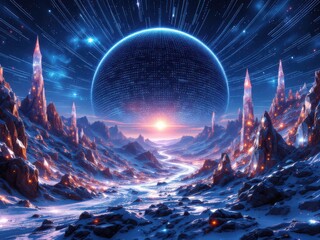 futuristic, digital, planet, alien, landscape, sci-fi, technology, space, universe, cosmos, stars, galaxy, nebula, extraterrestrial, fantasy, artificial intelligence, cyber, data, binary, code, matrix