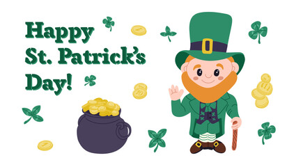 Colorful St. Patricks Day banner with cheerful leprechaun, gold coins, clovers, and festive typography isolated on white background. Vector banner with and drawn elements