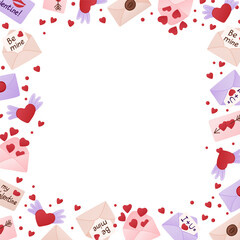 Romantic Valentines Day frame with love letters, flying hearts, and scattered red hearts isolated on white background. Vector template for social media