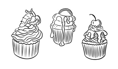 Set of three hand drawn outline cupcakes with decorative toppings including strawberries, cherries, and dripping icing in a doodle style. Vector hand drawn illustrations isolated on white background