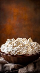Chocolate Cream Pie with rich chocolate filling and a velvety whipped cream topping, served in a soft brown bowl, creamy and decadent Hyper-quality professionnal photography