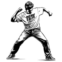 Naklejka premium Silhouette of a young Asian man freestyle dancing at a wedding, wearing a stylish modern outfit like a graphic T-shirt, skinny jeans, and sneakers, full-body view from head to toe, solid black
