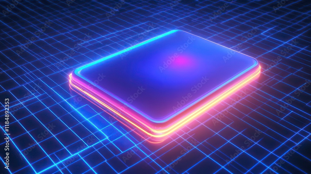 Aufkleber Neon glowing rectangular digital interface element on grid background.