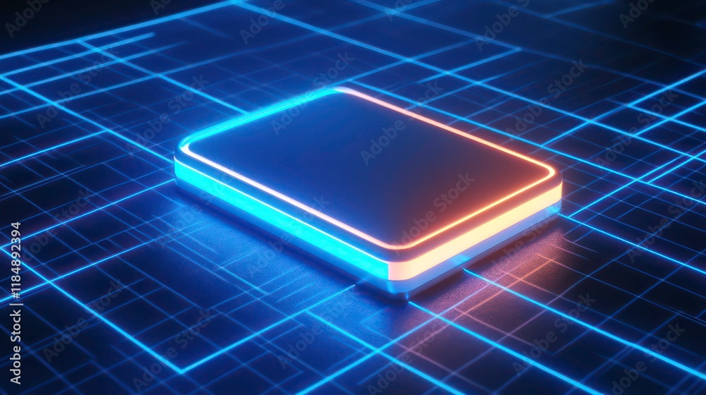 Poster Glowing rectangular object on a digital grid.
