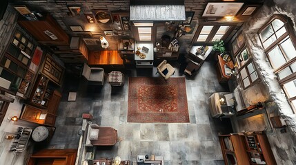 Overhead view of a cluttered, vintage home office with antique furniture and decor.