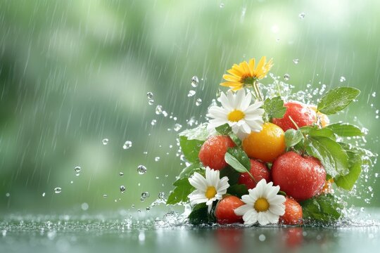Hango de frutas y flores frescas sobre una mesa h&uacute;meda en medio de una lluvia suave y refrescante