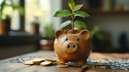 Piggy bank with growing plant symbolizing sustainable financial growth concept