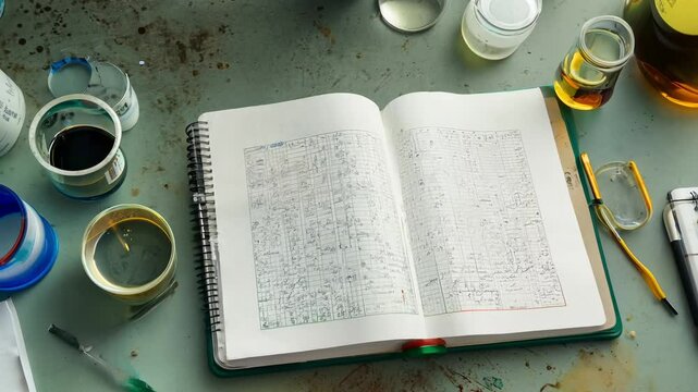 A cluttered workspace is filled with various art supplies, including paint cans and brushes. An open notebook shows sketches and notes, reflecting a creative process in progress.
