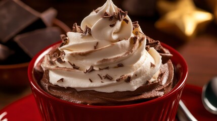 A Decadent Chocolate Mousse Dessert: Exquisitely Creamy Chocolate Mousse with Whipped Cream and Chocolate Shavings, Perfect for a Special Occasion