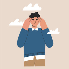 Depressed man under clouds, sad person has headache in bad mood covers his face with hands. Psychological disorder and mental health problems concept. Burnout and depression, flat vector illustration