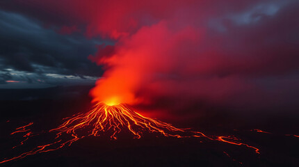 Fototapeta premium A breathtaking moment as a volcano shifts from calm to eruption, with lava flowing smoothly, showcasing the natural balance of calm and power
