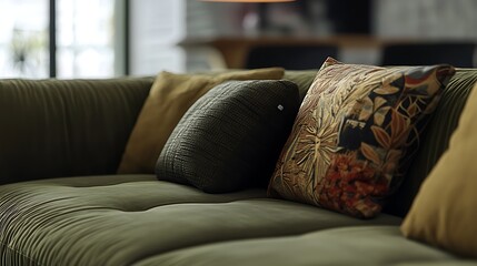 A deep olive-green sofa featuring luxurious fabric and a modern minimalist frame 