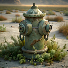Fototapeta premium Rusty fire hydrant surrounded by desert plants.