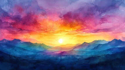 Obraz premium Vibrant sunset over rolling mountains with colorful clouds and warm light in sky