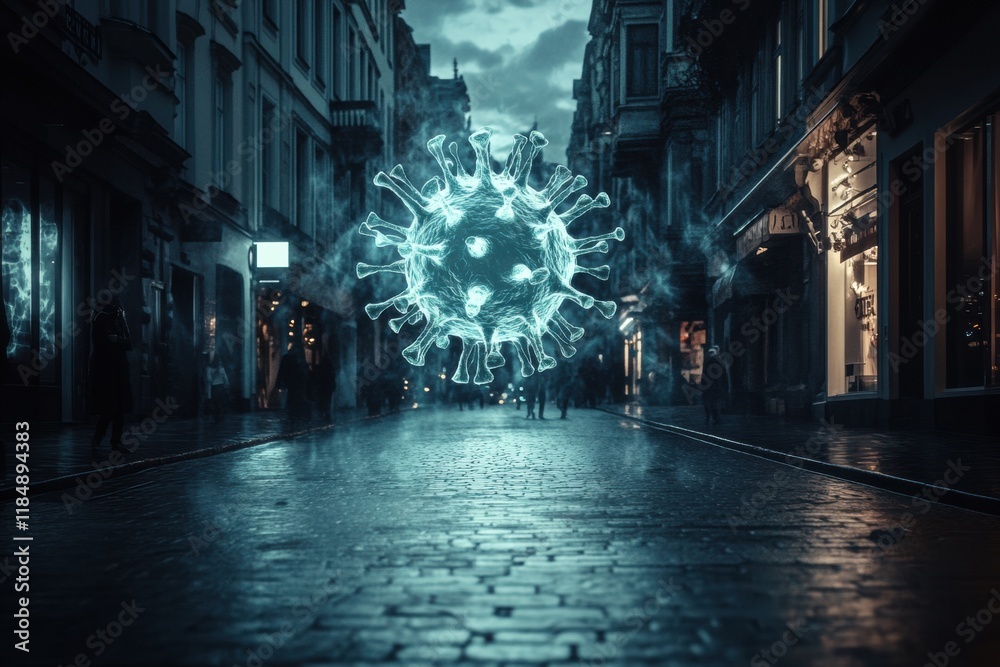 Aufkleber urban street scene showcasing a surreal virus motif in an empty cityscape during twilight. generativ