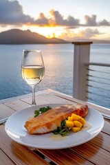 Delicioso plato de barramundi al aire libre junto al mar durante la puesta de sol