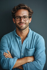 Fototapeta premium Portrait of happy fashionable handsome man in jeans shirt and glasses crossing hands and smiling