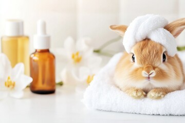 Small rabbit enjoying a spa day with towels, oils, and flowers for relaxation and comfort in a minimalist setting