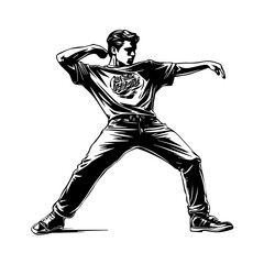 Naklejka premium Silhouette of a young Asian man freestyle dancing at a wedding, wearing a stylish modern outfit like a graphic T-shirt, skinny jeans, and sneakers, full-body view from head to toe, solid black