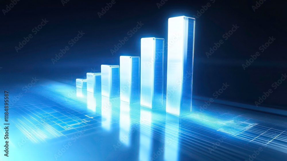 Poster Glowing 3D bar graph showing upward trend on digital background.