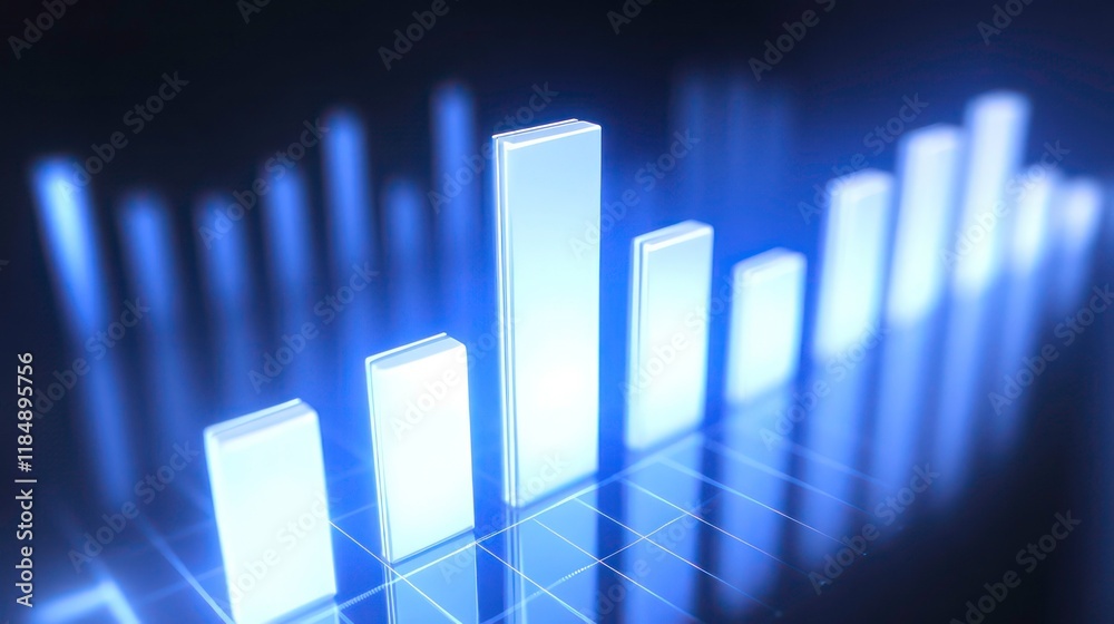 Poster glowing 3d bar graph showing growth, success, and data analysis.