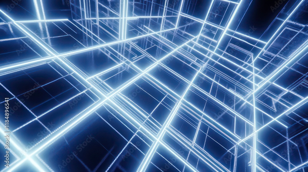 Poster Abstract glowing neon lines forming a complex grid structure in 3D space.