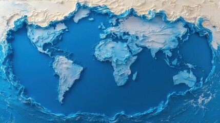 Topographic map of the Earth, highlighting the continents and ocean basins with varying shades of blue and white