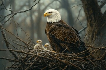 Majestic bald eagle stands guard over its young chicks in a nest during the winter season