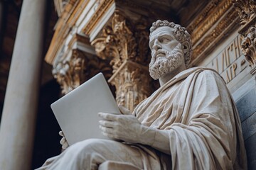 Marble statue of a greek philosopher using a modern laptop computer in a neoclassical style building, blending ancient wisdom with contemporary technology