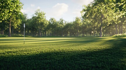 Obraz premium A serene golf course scene with lush green grass and a flag marking the hole in a tranquil setting.