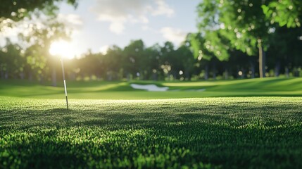 A serene golf course at sunrise, showcasing a beautiful green landscape with a flagstick in the foreground.