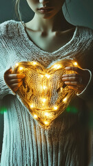 Obraz premium Romantic image of a woman holding glowing heart-shaped string lights against a knitted sweater. Perfect for Valentine's Day, love, warmth, and emotional concepts. 