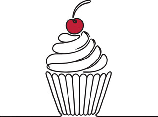 Cupcake and Cherry Vector Illustration Clean Line Drawing