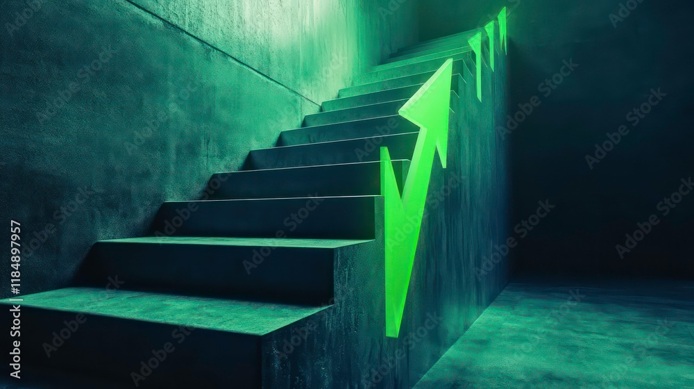 Poster glowing green arrows ascend concrete stairs in a dark, abstract setting, symbolizing growth and prog