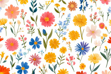 Pressed flower texture pattern with colorful floral elements on a white background for fresh, nature-inspired designs