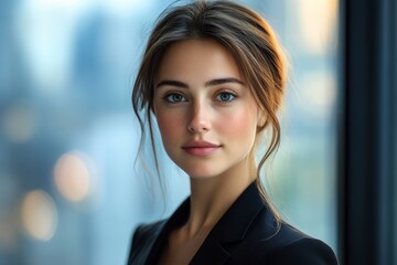 Obraz premium Portrait of a confident young businesswoman in a corporate setting with a blurred city backdrop