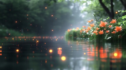 Orange Flowers Bloom Beside A Calm Forest Lake