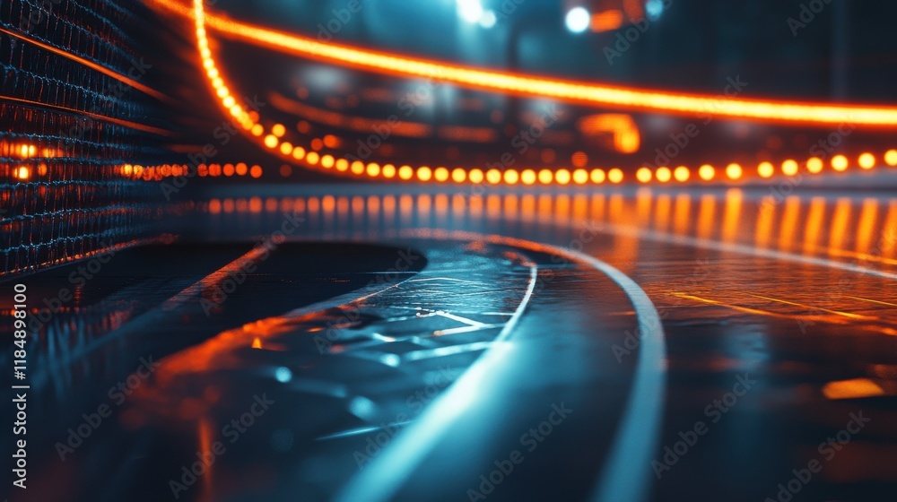 Poster a mesmerizing view of illuminated lines and patterns on a reflective surface, creating a vibrant atm