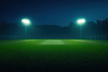 A serene cricket field illuminated at night, showcasing bright floodlights over the lush green grass.