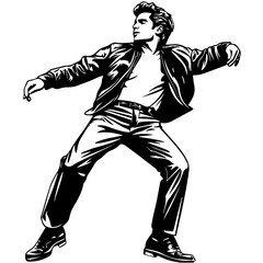 Fototapeta premium Silhouette of a young Asian man freestyle dancing at a wedding, wearing a stylish modern outfit like a graphic T-shirt, skinny jeans, and sneakers, full-body view from head to toe, solid black