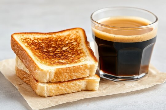 Pan fresco crujiente con untable y caf&eacute; de la ma&ntilde;ana en una mesa simple