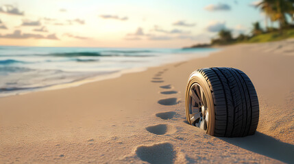 Tire on the sand of a beach with footprints in the sand. Firestone. Illustration