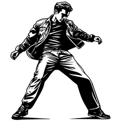 Naklejka premium Silhouette of a young Asian man freestyle dancing at a wedding, wearing a stylish modern outfit like a graphic T-shirt, skinny jeans, and sneakers, full-body view from head to toe, solid black