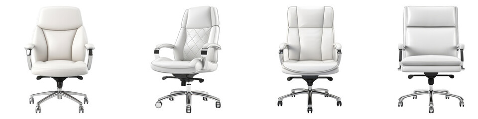 White leather office chair with silver isolated on transparent background, Set of