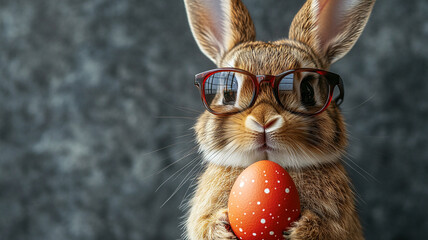 Obraz premium Easter bunny in sunglasses and Easter egg. Bright background. Social media banner. Happy Easter.