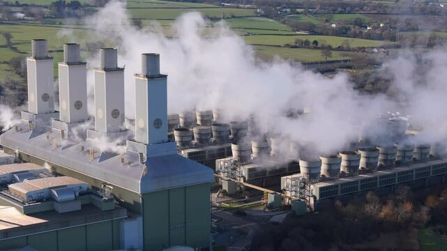 Aerial view of large power station in the United Kingdom. Power grid concept