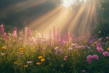 Obraz premium Beautiful wildflowers in a meadow are illuminated by golden sunbeams filtering through the trees at dawn