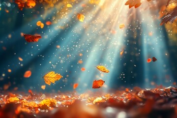 Beautiful autumn leaves falling on the forest floor with sunbeams shining through trees