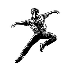 Obraz premium Silhouette of a young Asian man freestyle dancing at a wedding, wearing a stylish modern outfit like a graphic T-shirt, skinny jeans, and sneakers, full-body view from head to toe, solid black