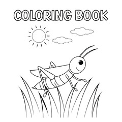 A cheerful grasshopper mid jump over tall grass for kids coloring book.